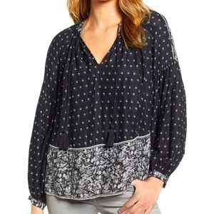Lucky Brand Women's Floral Print Peasant Blouse Black Size Large V-Neck Tassels